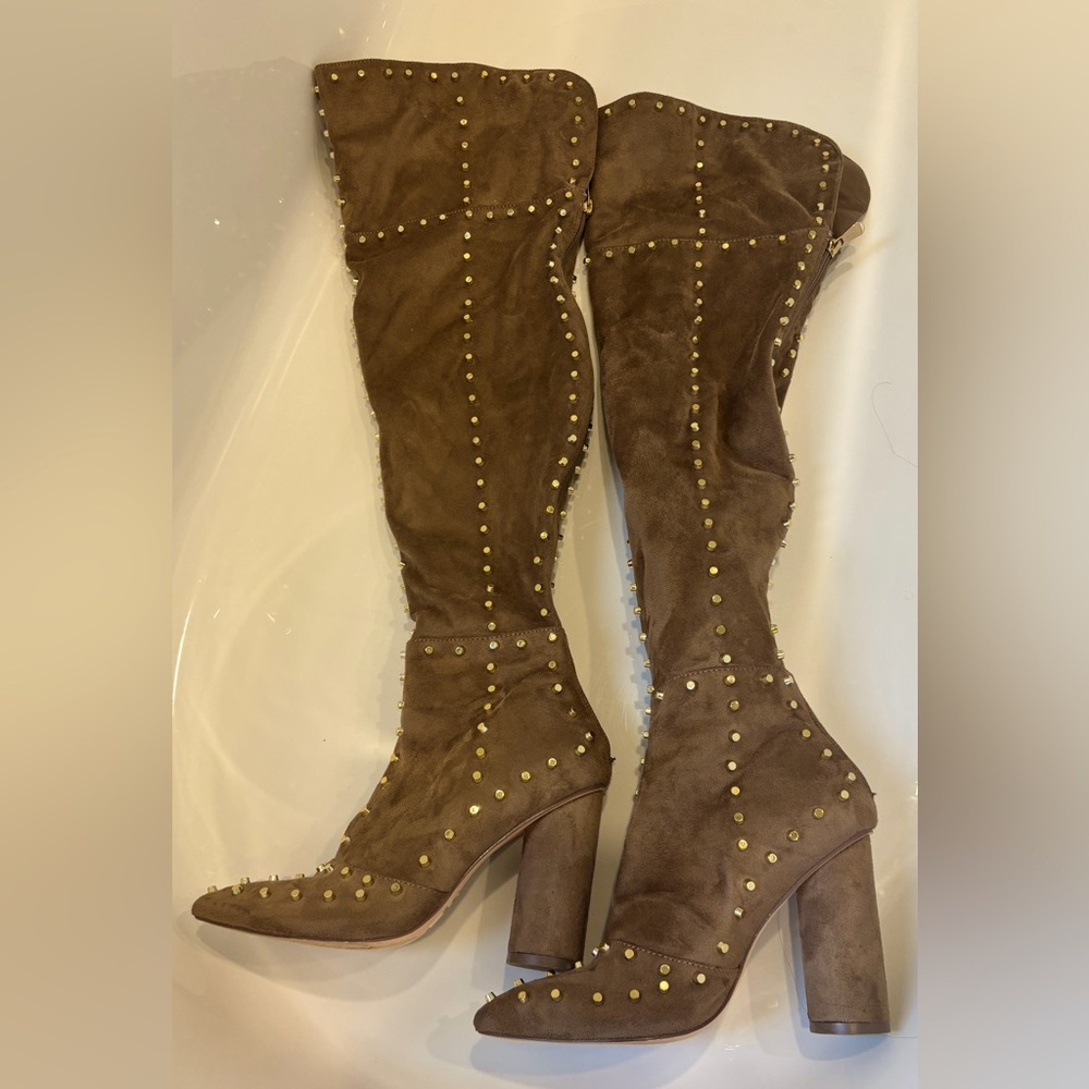Faux suede thigh high studded boots